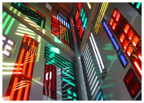 Light shining through coloured panels in the tower
